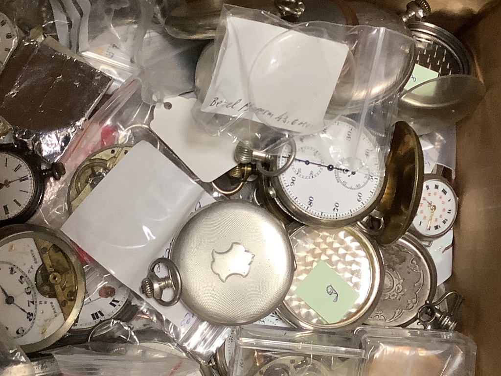 A large quantity of assorted pocket watches, pocket watch movements, parts and accessories.